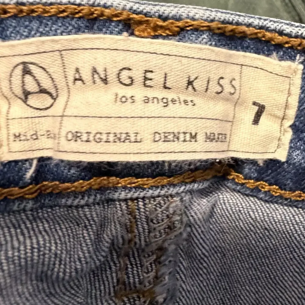 Angel Kiss Pearl Detail Jeans Women Juniors 7 Blue Skinny Destructed Rolled Cuff